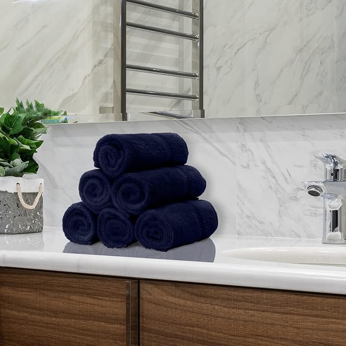 Monogrammed Hand Towel, Personalized Initial Gift, Extra Absorbent 100% Turkish Cotton - Soft Terry Finish - Set of 2 - White Block Initial R - Embroidered on Navy Blue Towels