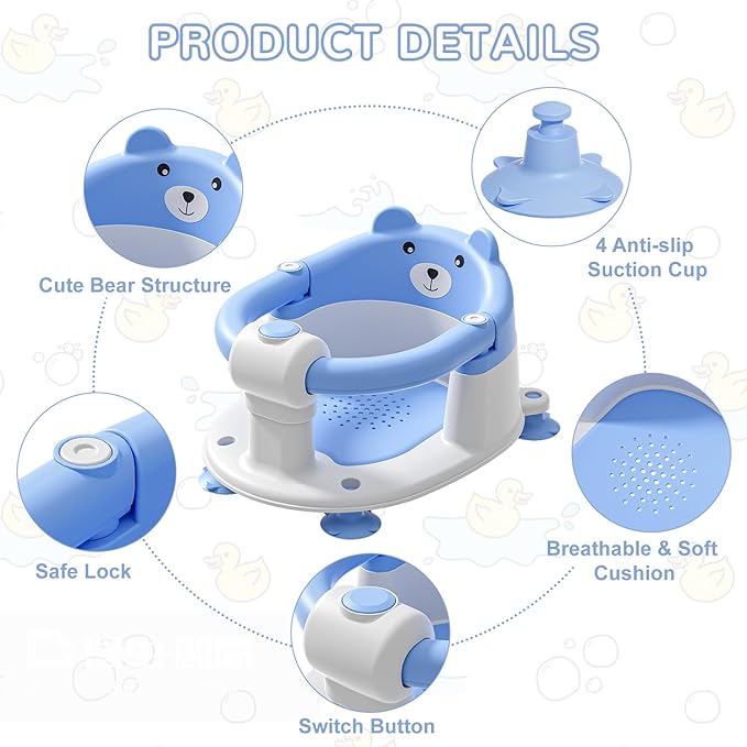 Baby Bath Seat for Babies 6 Months & up, Non-Slip Toddler Bath Seats for Babies Sitting Up, Safe Infant & Newborn Bathtub Chair with 4 Suction Cups & Soft Cushion for Shower,Blue