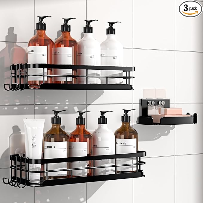 Large Capacity Shower Caddy, Heavy-Duty Adhesive Shower Organizers with Custom Aesthetic Design Soap, No Drilling Corner Shower Shelves, 5 Hooks for Bathroom Accessories, 3 Pack