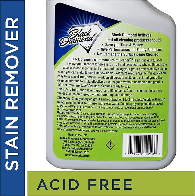 Black Diamond Ultimate Grout Cleaner: Best Cleaner for Tile, Ceramic, Porcelain, Marble Acid-Free Safe Deep Cleaner & Stain Remover for Even The Dirtiest Grout. (1-Quart/1-Gallon/sm brush)