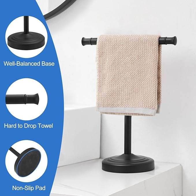 RUMOSE 13 Inch Matte Black Towel Stand Hand Towel Holder Bathroom Kitchen Vanity Countertop T-Shape Towel Rack Free Standing Stainless Steel Towel Bar Towel Ring