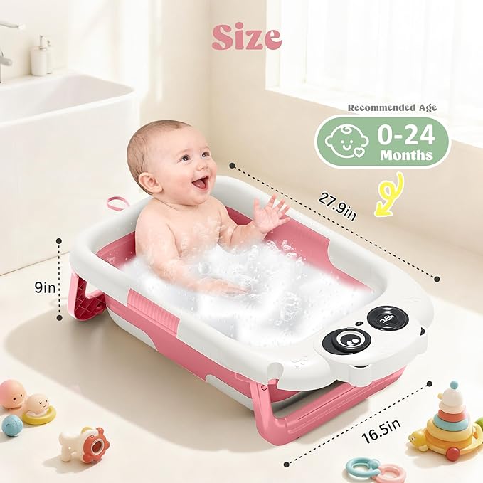 Foldable Baby Bathtub, Lightweight Bathtub for Infants to Toddlers with Soft Cushion & Thermometer, Portable Baby Tub Newborn to Toddler 0-24 Months(Pink)