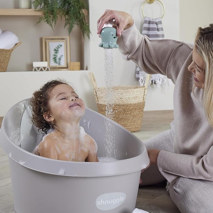 Toddler Bath Tub | Larger Bath for Bigger Kids at Bathtime | Includes Warm and Soft Foam backrest | Grippy Anti-Slip Surface | Includes Easy Drain Bath Plug | Taupe Beige + Rinse Jug