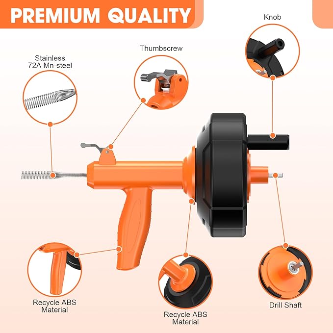 Drain Snake, Drain Auger with Drill Attachment, 25 Feet Plumbing Snake Auto Feed Flexible Hair Drain Clog Remover for Kitchen, Bathrom and Shower Sink with Gloves