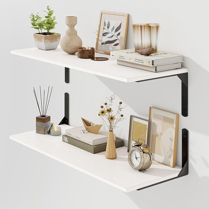 30" W x 12" D White Floating Shelves for Wall, Deep Wall Shelves with Visible Bracket for Books, Plant, Large Deep Bathroom Shelf for Storage & Display, Set of 2