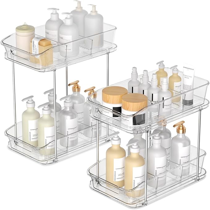 2 Tier Pull-Out Organizer for Bathroom Kitchen, Under Sink Storage with Dividers, Ideal for Cabinet, Cupboard Organization, Slide-Out Clear Storage, 2 Pack
