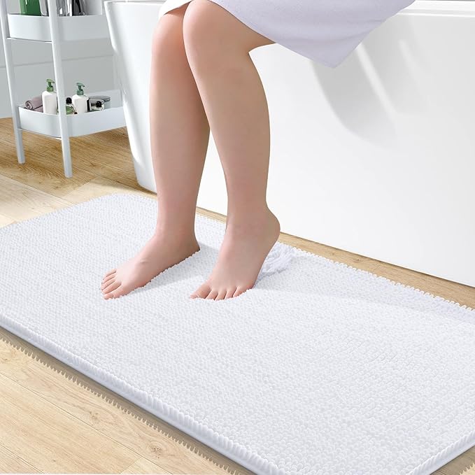 OLANLY Bathroom Rugs 50x30, Extra Soft Absorbent Chenille Bath Rugs, Rubber Backing Quick Dry, Machine Washable Bath Mats for Bathroom Floor, Tub and Shower, Home Decor Accessories, White