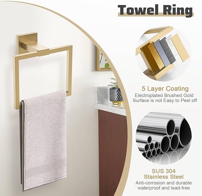 TNOMS 5-Piece Towel Bar Set Brushed Gold Bathroom Hardware Accessories Set Includes Upgraded Double Base Toilet Paper Holder,Modern Square Towel Holder Set Stainless Steel Wall Mount 23.6 Inch