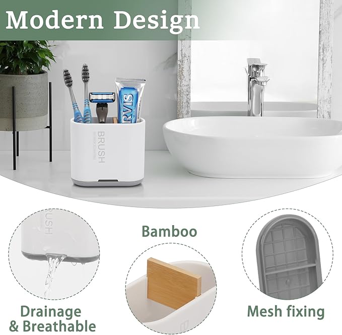Toothbrush and Toothpaste Holder with Bamboo Divider for Bathroom Countertop Organizer, Detachable for Easy Clean, 2 Slots Electric Toothbrush Holders Storage Caddy Drainage for Family-White