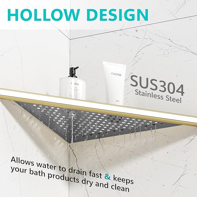 Bathroom Corner Shelf, Recessed 12" Shower Shelf Caddy, SUS304 Stainless Steel Shelf Wall Mount Triangular, No Drilling, Brushed Golden