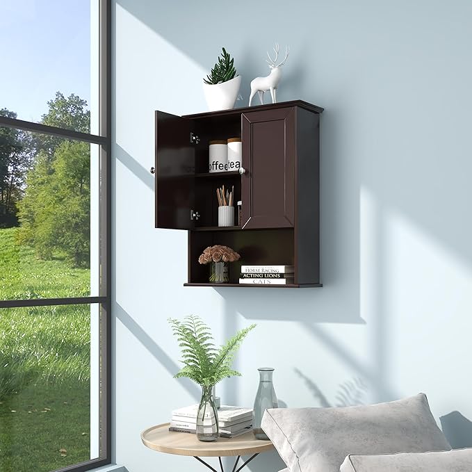 Bathroom Wall Cabinet Expresso Over Toilet Storage - 24x30 in Above Toilet Wood Medicine Cabinet with Adjustable Shelf & 2 Door Mounted Wall Cabinet