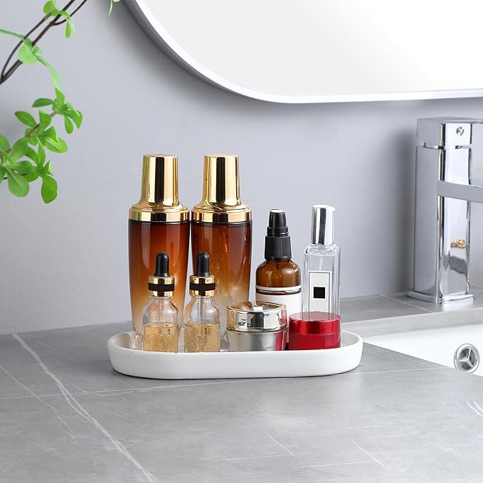 2 Pack White Round Soap Dispenser Tray - 8'' Ceramic Vanity Tray & Organizer Plate Set, Bathroom & Kitchen Countertop Decor for Soap Dispenser, Jewelry, Cosmetics, Sink