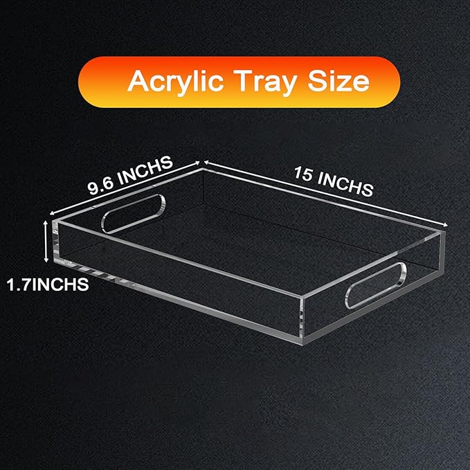Acrylic Tray for Ottoman,Acrylic Organizers Tray Large, Serving Tray with Handle, Lucite Tray Organizer for Bench, Coffee Table Countertop, Kitchen, Bathroom, Living Room, Powder Room