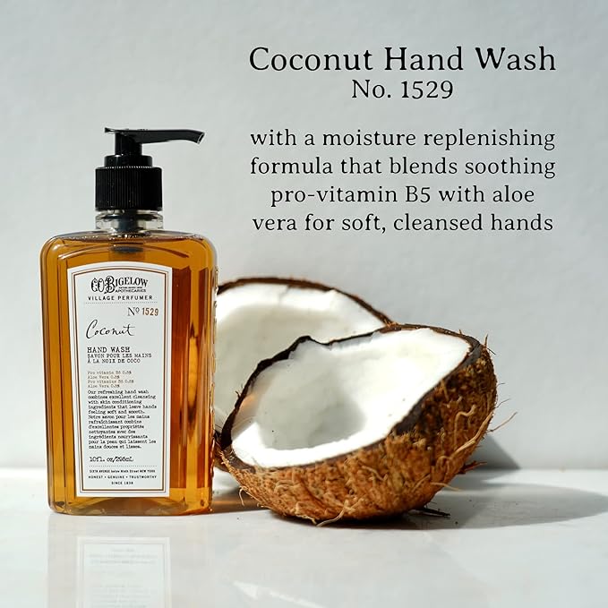 C.O. Bigelow Hand Wash, Coconut, No. 1529 - Village Perfumer Moisturizing Hand Wash for Bathroom & Kitchen with Aloe Vera, 10 fl oz, Pack of 2