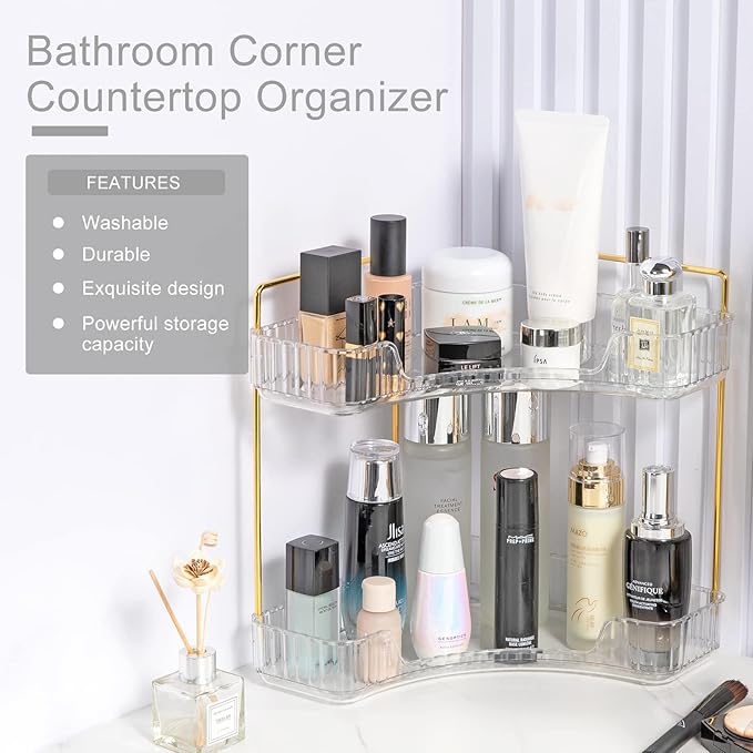 Corner Bathroom Countertop Organizer, Vanity Trays for Counter, Makeup Organizers, Perfume Tray, Kitchen Spice Rack, (Clear, 2 Tiers)