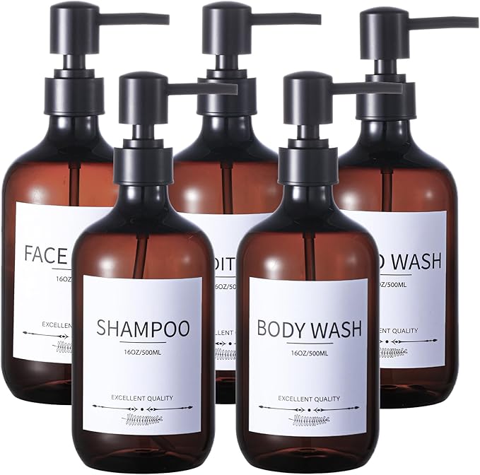 Shampoo and Conditioner Bottles(5Pack),Shampoo Dispenser for Shower,Bottles Refillable with Pump,Bathroom Dispenser Sets(Amber)