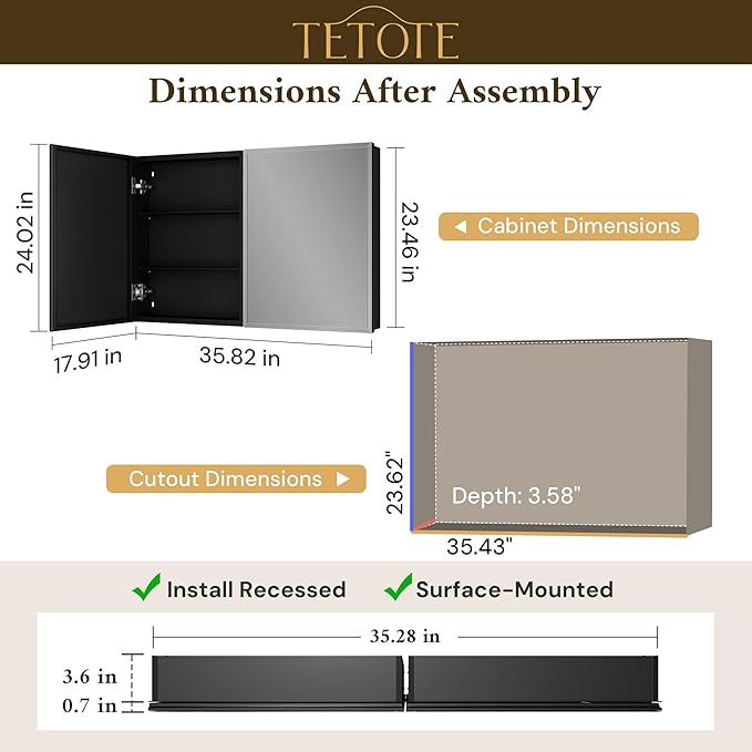 TETOTE 36 x 24 Bathroom Vanity Mirror Cabinet with Tempered Beveled Mirror Black Medicine Cabinet Aluminum Cabinet DTC Hinges, Stepless Adjustable Shelves, Recessed/Surface-Mounted