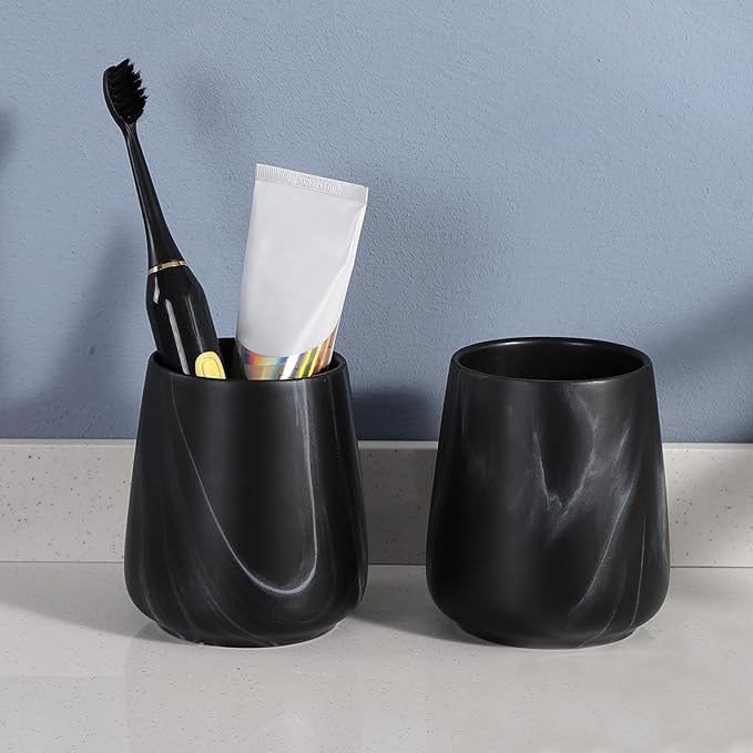 2Pcs Toothbrush Holder for Bathroom - Marble Black Ceramic Tooth Brushing Holders Set, Toothbrush Cup & Toothpaste Organizer for Bathroom Countertop, Makeup Brush Holder, Pen Holder for Home Storage