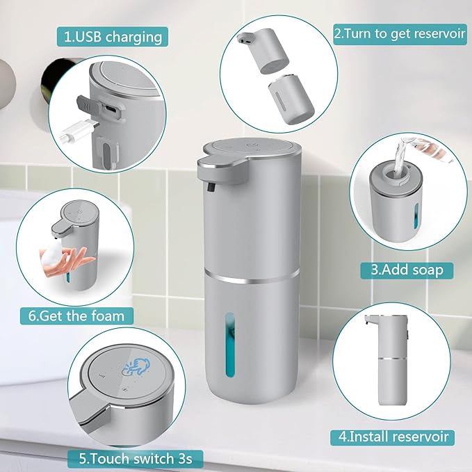 Automatic Soap Dispenser – Touchless Foaming Soap Dispenser 400ml USB Rechargeable Dispenser Electric Wall Mounted 4levels Adjustable Foam Soap Dispenser Pump for Bathroom Kitchen(Silver)