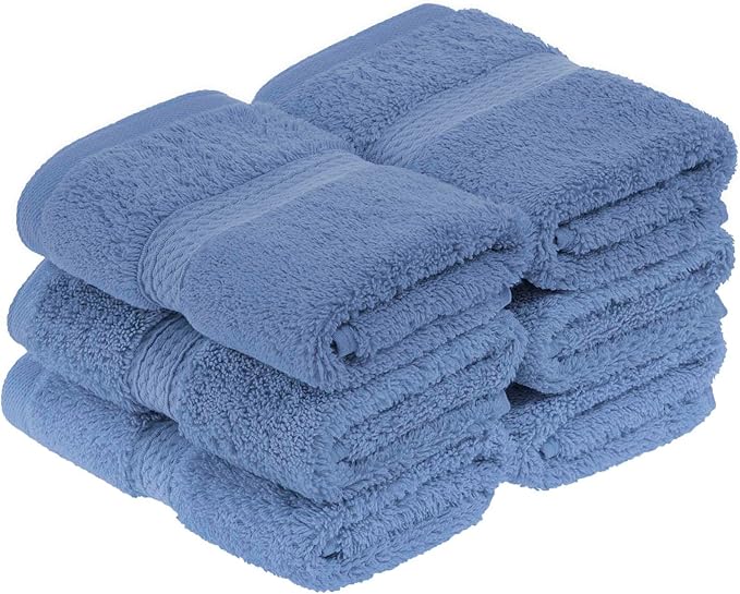 Superior Egyptian Cotton Pile Face Towel/Washcloth Set of 6, Ultra Soft Luxury Towels, Thick Plush Essentials, Absorbent Heavyweight, Guest Bath, Hotel, Spa, Home Bathroom, Shower Basics, Denim Blue