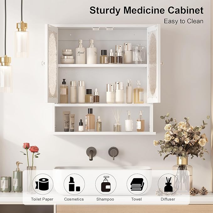 Medicine Cabinet for Bathroom,2 Acrylic Doors White Oval Bathroom Wall Cabinet,Over Toilet Storage Cabinet for Laundry Room/Kitchen/Living Room,Surface Mount Medicine Cabinets 23x24