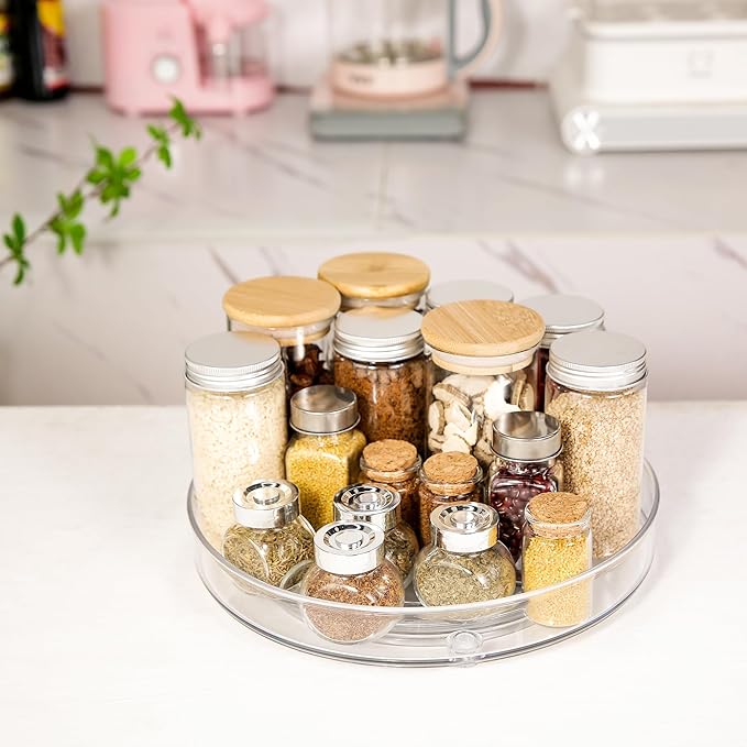 2 Pack Lazy Susan 9.25" Inch Turntable Organizer Pantry Organization and Storage Container Bins Spice Rack Cabinet Rotating Condiment for Pantry Kitchen Vanity Bathroom Jewelry Holder Clear