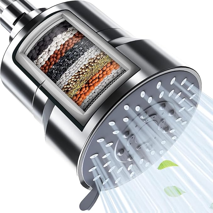 Filtered Shower Head, 5 Modes High Pressure Shower Head with 15 Stage Hard Water Filter Cartridge for Remove Chlorine and Harmful Substances