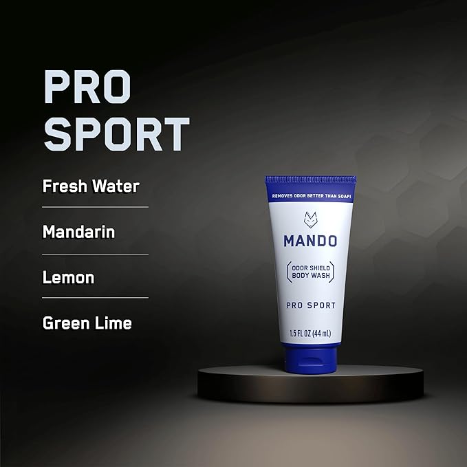 Mando Mini Body Wash - 24 Hour Odor Control - Removes Odor Better than Soap - 1.5 Ounce Tubes (Pack of 4, in 4 scents: Bourbon Leather, Pro Sport, Mt Fuji, Unscented)