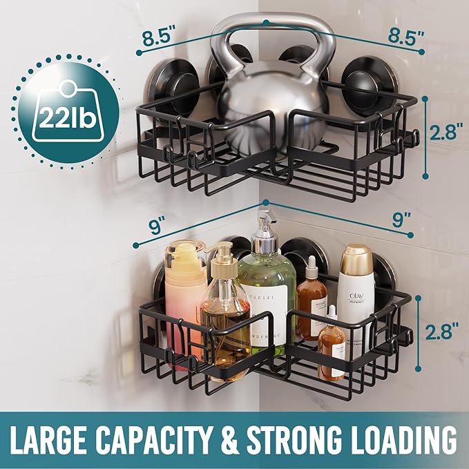 TAILI 2 Pack Corner-adaptive Suction Cup Shower Caddy, Stainless Steel Rustproof Corner Shower Shelves, Large Capacity, Removable Suction Cup Bathroom Organizer, Drill-Free Wall Mounted Baskets, Black