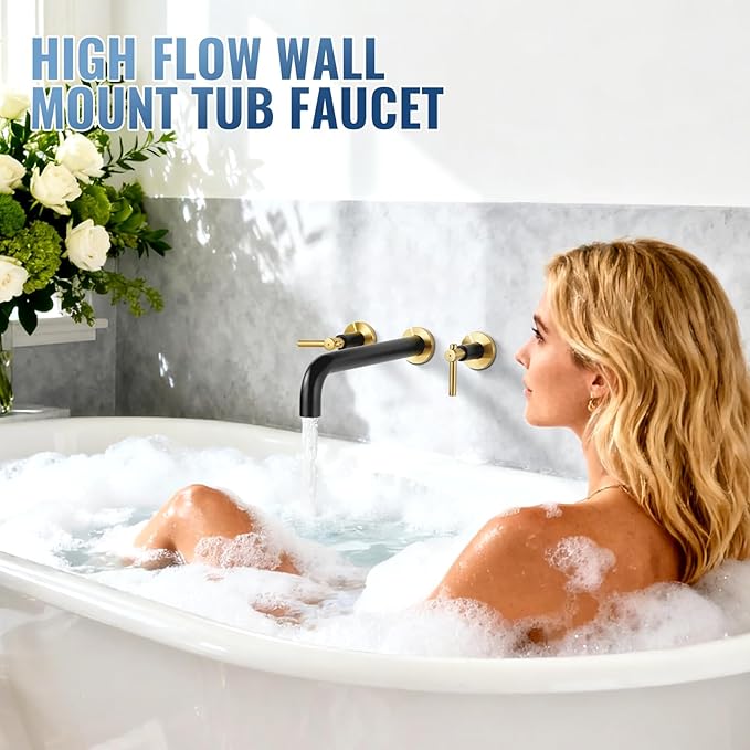 Wall Mount Tub Filler Bath Tub Faucet High Flow Bathtub Faucets Two Handles Solid Brass, 12" Long Spout Reach, Black Gold