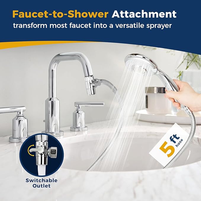 KLLEYNA Shower Head Hose Attachment for Sink/Tub Faucet - ON/OFF Jets Sprayer for Dog Wash/Bathtub Cleaning/Baby Bath/Hair Rinse, Tap Extender Water Nozzle for Bathroom Kitchen Utility Garden Basement