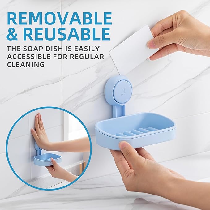 LEVERLOC Soap Dish Holder for Shower Suction Cup Wall Mounted Self Draining NO-Drilling Removable Bar Soap Sponge Holder for Bathroom Bathtub Kitchen Sink Waterproof Strong Vacuum Suction, Blue