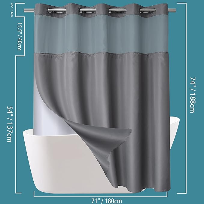 Conbo Mio No Hook Shower Curtain with Snap in Liner Set, Hotel Luxury Grey Fabric Shower Curtains for Bathroom with See Through Top Window, Washable, Waterproof 71W x 74H