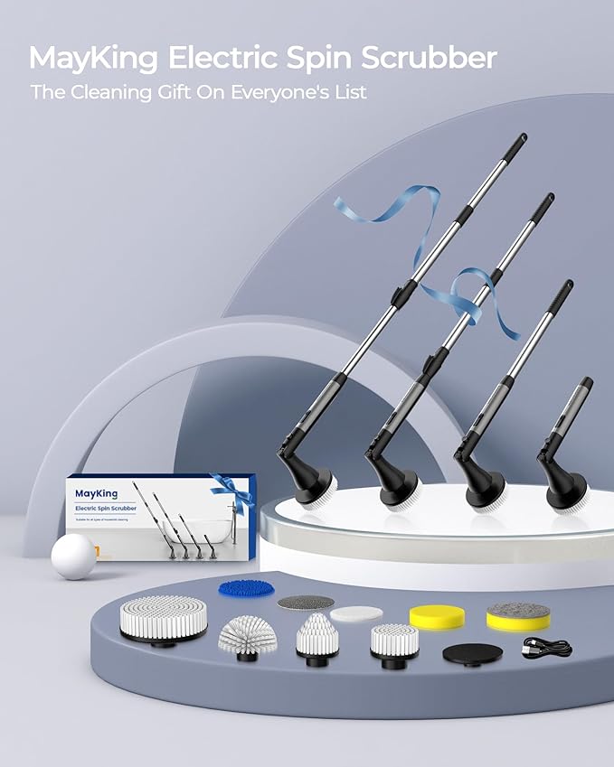 MayKing Electric Spin Scrubber with 9 Brush Heads, 3-Angle & 4-Length Adjustable Cordless Power Scrubber, 3-Speed & Battery LED Display, Electric Scrubber for Cleaning Bathroom Bathtub Floor Tiles