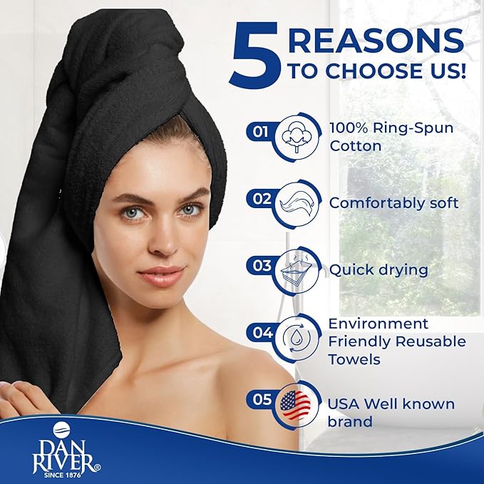 DAN RIVER 8 PC Luxury Bath Towels for Bathroom, 2 Bath, 2 Hand, and 4 Wash Cloths, 600 GSM 100% Ring Spun Cotton Towel Set, Highly Absorbent, Gym, Hotel, and Spa, Black