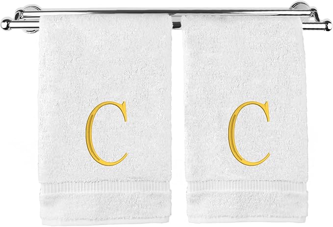 Monogrammed Hand Towel, Personalized Initial Gift, Extra Absorbent 100% Turkish Cotton - Soft Terry Finish - Set of 2 - Gold Block Initial C - Embroidered on White Towels
