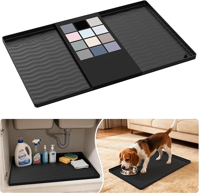 URMONA Waterproof Silicone Under Sink Mat 22'' x 14'' Shelf Liner for Kitchen and Bathroom, Cabinet and Counter Protector, Storage and Organizers, Litter Mat, Pet Cat Puppy Essentials(Black)
