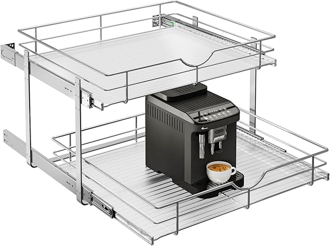 WelFurGeer 2-Tier Kitchen Cabinet Pullout Shelf and Drawer Organizer, Soft Close Pantry Pull Out Shelves, Heavy Duty Pull Out Cabinet Organizer with Shelf Liner for Kitchen Cabinets, Pantry Storage