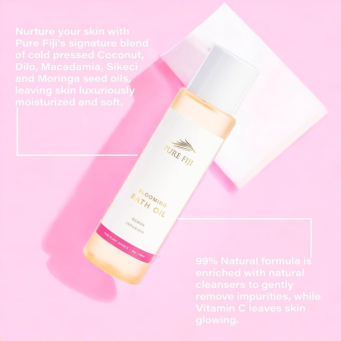Pure Fiji Bath Oil, Conditioning Body Moisturizer with Natural Ingredients Bath Essential for Women Moisturizing Bath & Body Oil - Guava (8oz/236ml)