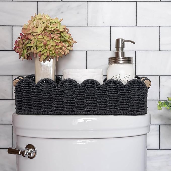 CubesLand Scalloped Edge Decor Baskets for Home, Living Room, Toilet Paper Storage Basket for Over Toilet Shelf, End Table,Shelves and More, Small Paper Rope Baskets Both Storage&Decor, Set 2 Black