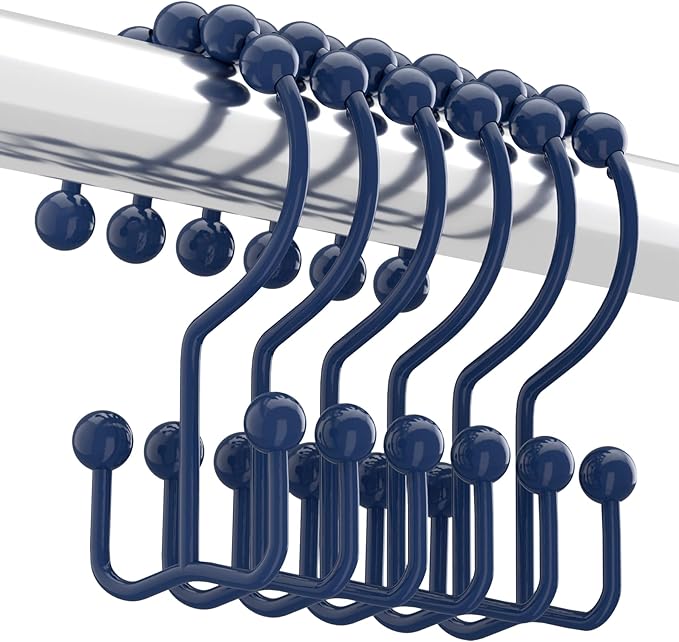 Titanker Shower Curtain Hooks Rings, Rust-Resistant Metal Double Glide Shower Hooks for Bathroom Shower Rods Curtains, Set of 12 Hooks - Navy Blue