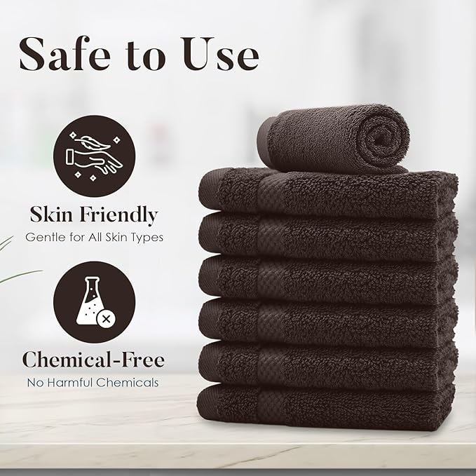 DAN RIVER 12-Pack Premium 100% Cotton Brown Face Towels – Reusable Face Towel Set, Soft & Absorbent Bath washcloths for Bathroom & Body – Hand and Face Towels, 550 GSM (12x12 in)