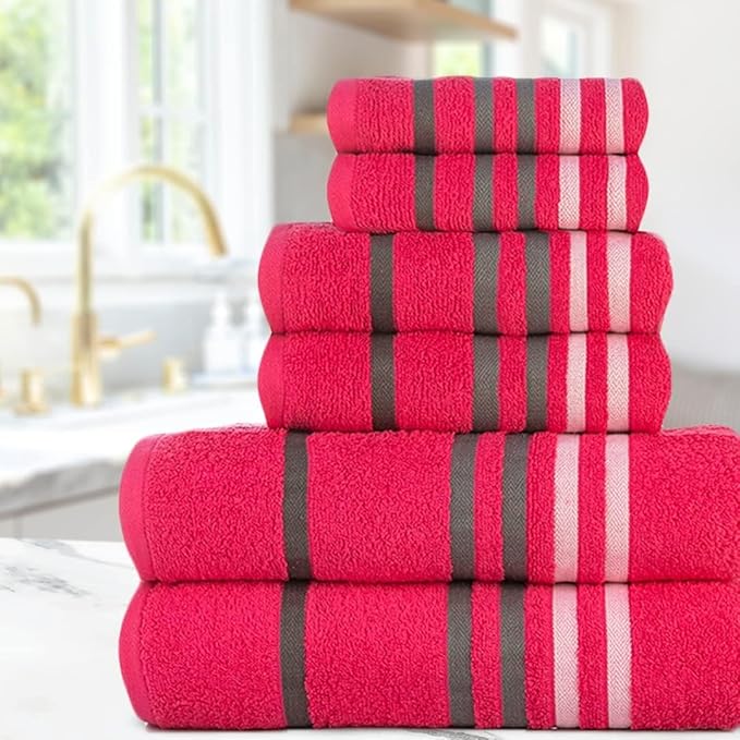 CASA COPENHAGEN Exotic 6 Pieces Towel Set- Pink, 525 GSM 2 Bath Towel 2 Hand Towel 2 Washcloth, Designed in Denmark Made of Soft Egyptian Cotton for Bathroom, Kitchen & Shower
