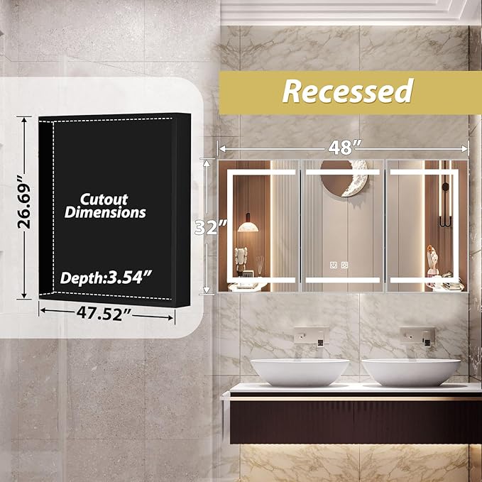 APRILSOUL 48X32 Inch Silver Bathroom Medicine Cabinet with Mirror, Recessed or Surface Lighted Medicine Cabinet with 3 Colors Temperature, Dimmable Light