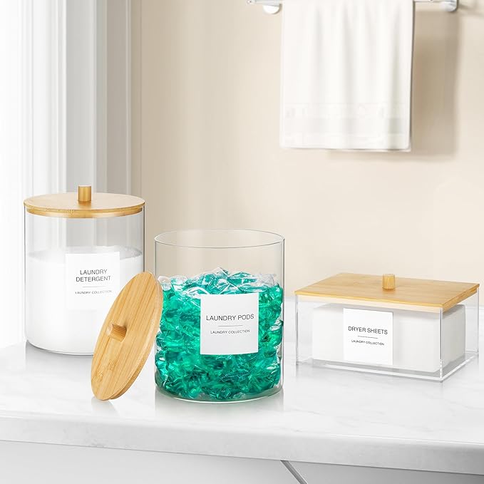 3 Pack Glass Jars and Acrylic Dryer Sheet Holder, Laundry Pods Container with Bamboo Lid and Measuring Cups for Laundry Room Organization, Powder Detergent Containers