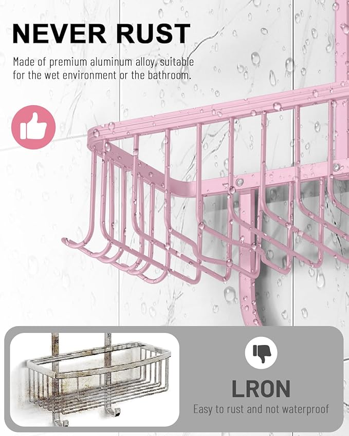 Pink Shower Caddy for Bathroom - Never Rust Hanging Shower Organizer with Soap Basket and Hooks - Large Capacity 3 Tier Aluminum Over The Showerhead Caddy