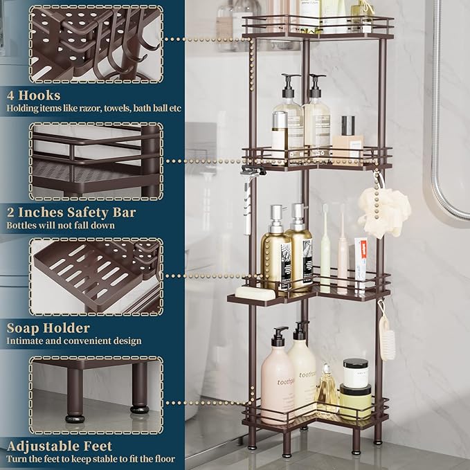 Consumest Corner Shower Caddy Standing - 4-Tier Stainless Steel Shower Organizer with Soap Holder and 4 Hooks, Large Capacity Corner Shelf Stand for Bathroom, Rest Room, Bronze