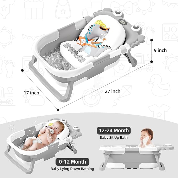 Collapsible Baby Bathtub for Newborns to Toddler with Real-time Temp Monitor & Floating Cushion,Portable Travel Tub for 0-36 Month, Foldable Baby Bath Tub for Infants Boy (Grey)