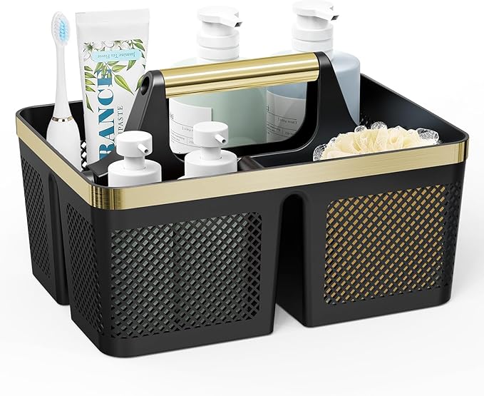 Shower Caddy Dorm Men: Plastic Bathroom Caddy Organizer with Handle and Holes, Bath Caddy for College Dorm, Portable Shower Basket Tote for Toiletry, Travel, GYM, Camp Essentials Black/Gold
