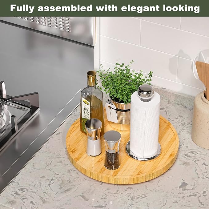 Lazy Susan for Table, 12 Inch Non-Skid Bamboo Turntable Organizer for Salt Pepper Spices and Olive Oil Next to Stove, Wooden Lazy Susan Organizer for Kitchen Countertop Organizer